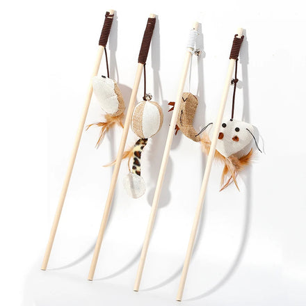 Hot Sell Pet Toy Wood Rod Linen Funny Pet Teasing Cat Stick Cat Teaser Stick With Feather Bell