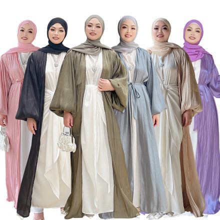 Loriya Women's Fashionable Front Open Abaya Modest Long Dress with Shinny Mesh Polyester Regular Sleeve Solid Islamic A-Line