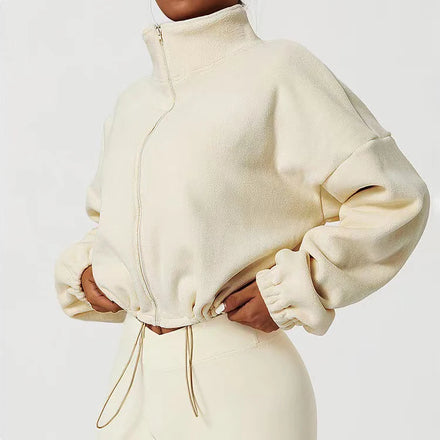 2025 New Arrival Thick Terry Embossed Crop Top Hoodie Women Custom Polar Fleece Full Zip up Embossed Sweatshirt
