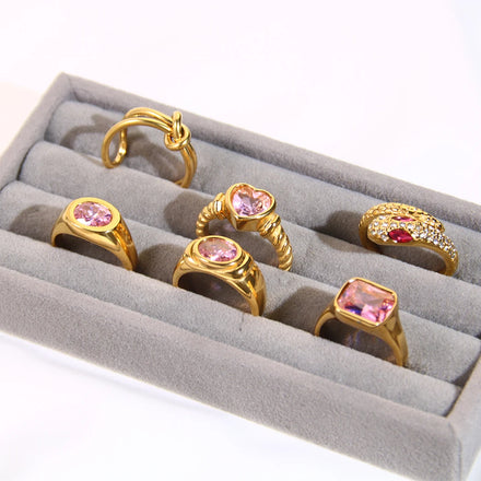 Fashion Anillos Custom 18K Gold Plated Twist Geometric Ring Set Women Bijoux Pink Zirconia Chunky Gold Ring Set
