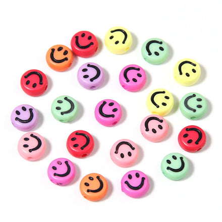 100pcs/Bag Colorful Cartoon Face Loose Acrylic Beads Flat Round Smile Design for Jewelry Making