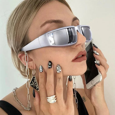 UNOC Y2K Future Style Silver UV400 Cycling Sunglasses Sweet Cool Spice Girls Concave Shape Steam Punk Style White Gray Frame