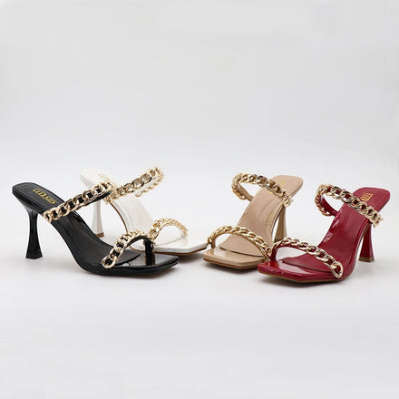 Y Metal Chain Wedding New Design Women's High Heel Sandals Outdoor Slippers Open Toe Square Head Plus Size Ladies Shoes