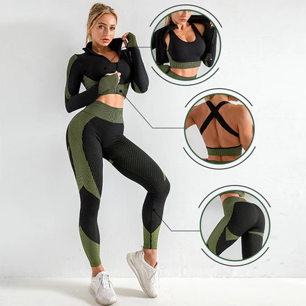 Yoga Crop Top Yoga Jackets Sports Bras for Fitness Leggings Gym Wear Women Sets Sportswear 3 Piece Set Women Apparel