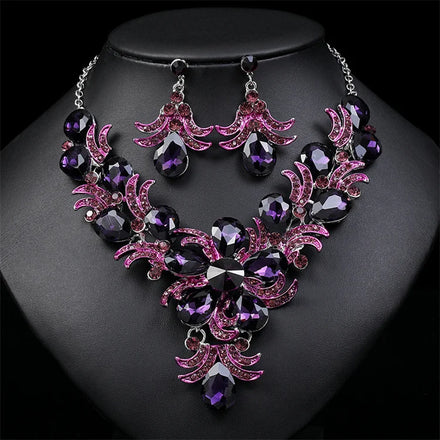 Hot Sale New Exaggerated Bright Purple Water Drop Leaf Rhinestone Necklace Bridal Women Wedding Jewelry Set
