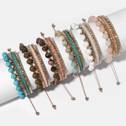 RisingMoon 2023 Boho 4pcs/set Turquoise Beads Bracelets Set Braided Stretch Bead Bracelet for Women