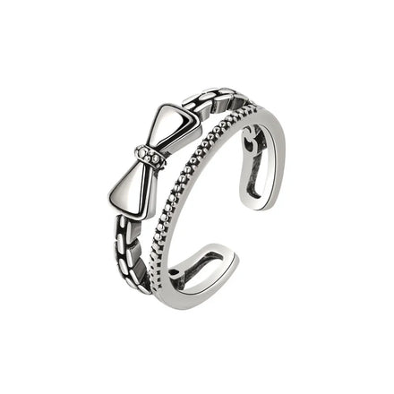 Daidan Silver Rings Women 925 Sterling Double Layer Oxidation Elegance Minimalist Bow Knot Ring