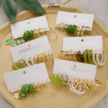 HOVANCI 6-Piece Green Resin Acrylic Pearl Leopard Grain Hoop Earrings Set with Zircon for Weddings and Gifts