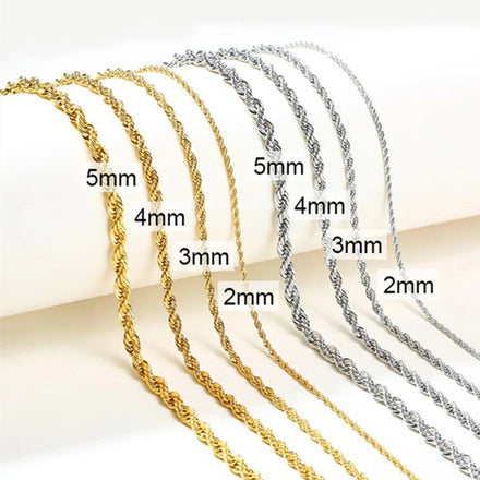 Vermeil Thin Rope Chain Necklace Twisted Rope Gold Stainless Steel Wholesale Custom 2mm 3mm 4mm 5mm Gold Plated Crystal Crescent
