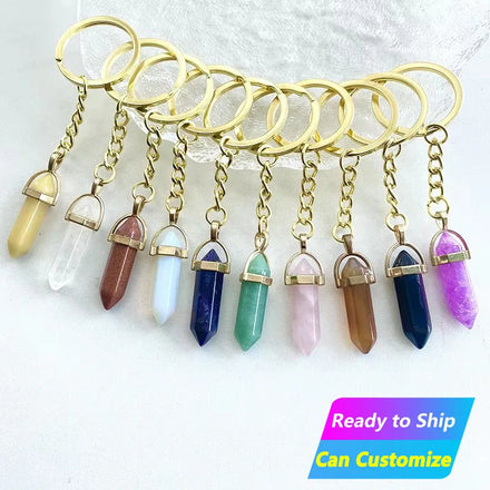 Wholesale Vintage Blank Couple Car Ornament Metal Christmas Small Raw Natural Gemstone and Healing Crystal Stone Keychain