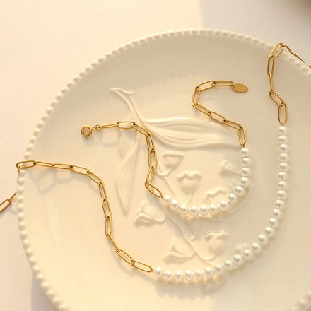 Wholesale FashionJewelry Stainless Steel Necklace 18k Gold Plated Titanium Steel Paperclip Chain Elegant Pearl Choker Necklace