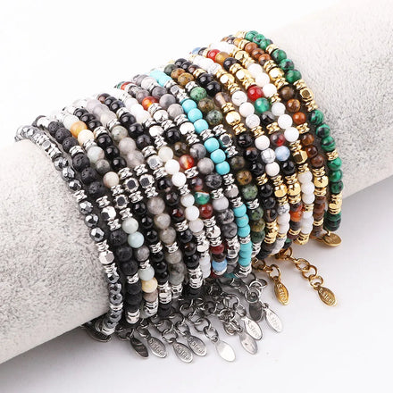 New Design 4mm Natural Stone Agate Turquoise Stainless Steel Beaded Bracelet Women Men JBS12329