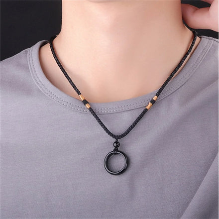 Men Women Vintage Black Crystal Agate Round Ring Pendant Woven Rope Cord Necklace Jewelry Gift