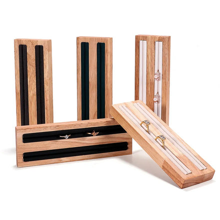 Rectangle Modern Luxury Natural Wood Leather/Velvet 2 Lines Rings Thin Bangle Display Tray Holder Rack Show Case