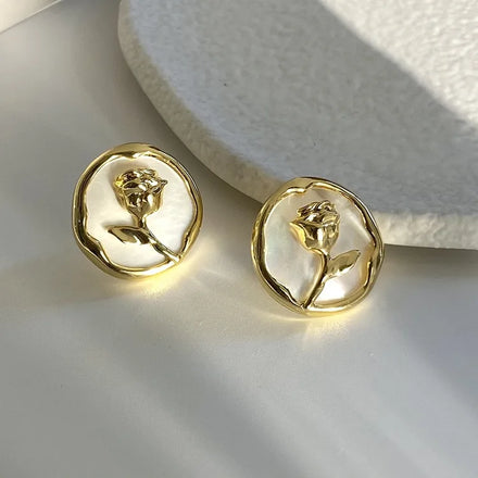 Personality Fashion Retro Daily Beach Summer Shell Round Rose Flower Stud Earrings
