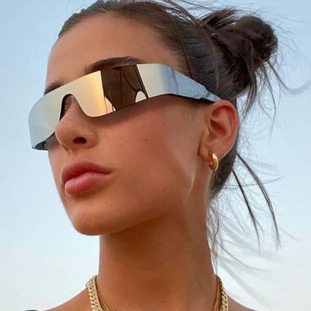 UNOC One-Piece Rimless Futuristic Sunglasses White Blue Frame Fashion Cycling Glasses for Male Female Punk Y2K Sports Style