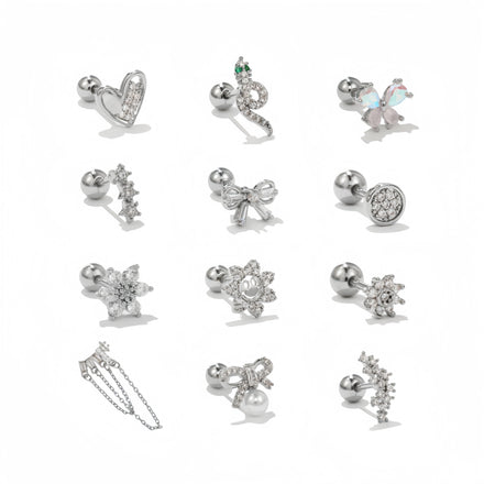 Multi Style Women Puncture Ball Screw Stainless Steel Rod Ear Bone Nails Wholesale Heart Bow Girls Silver Zircon Stud Earrings