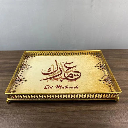 DAMAI Wholesale Eid Mubarak Metal Serving Tray Square Gold Plated Decorative Tray with Arabic Calligraphy for Ramadan Party