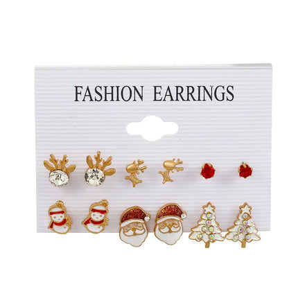 DUYIZHAO New Trendy Christmas Jewelry Jingle Bell Tree Santa Reindeer Snowmen Candy Canes Stud Earrings Set for Christmas Party