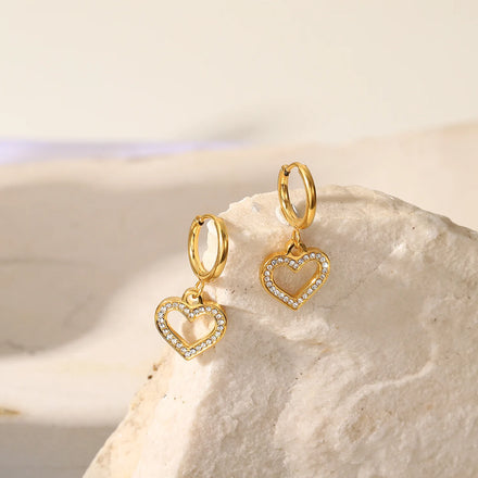 Wholesale Stainless Steel Jewelry for Lady 18k Pvd Plated Gold Earring Hollow Zircon Peach Heart Hanging Hook Earrings