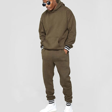Customized Men's Casual Winter Tracksuits 2-Piece Hoodie Set with Color Block Ribbing Hem Stripe & Embroidered Technique