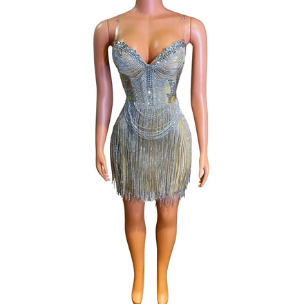 Sparkly Spaghetti Slip Crystal Rhinestone Tassel Birthday Party Mini Dress Ladies Dance Wear Prom Dress Women Sexy Club Dress