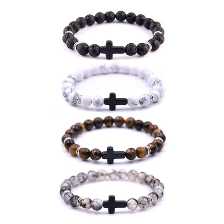 Cross Bracelets 8mm Natural Howlite Turquoise Healing Beaded Stretch Cross Bracelets for Women Men