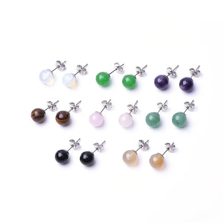 Waterproof Coloured Natural Stone Stud Earrings Green Jade Amethyst Earrings Round Circle Stud Earrings for Women