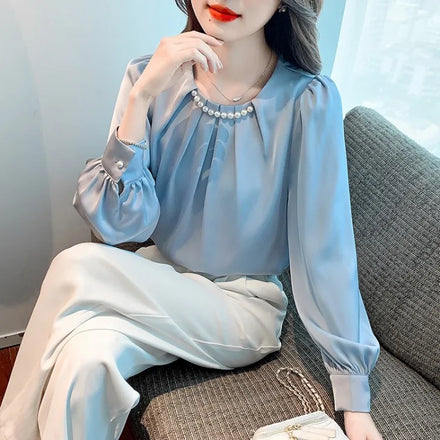 Long Sleeve Blouse Women Beading Chiffon Blouses Shirt Tops Office Lady Women Blusas Mujer De Moda 6311#