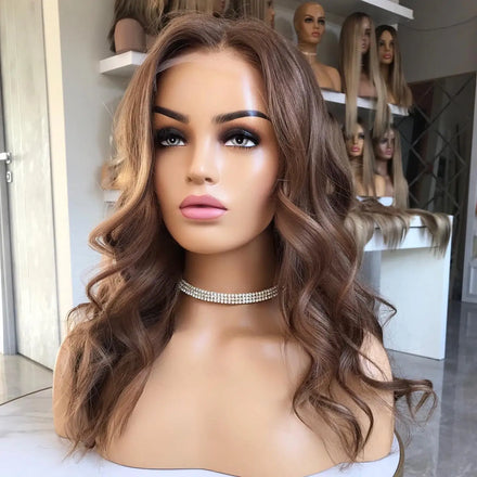 Hot Selling 100% Virgin European Human Hair Wig Highlights Brown Color Body Wave Lace Front Wigs With Pre Plucked Hairline