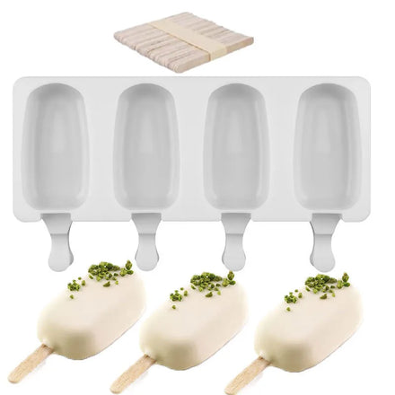 BPA Free 4 Cavities Silicone Popcical Molds Maker Ice Pop Cream Molds with 20 Wooden Sticks Silicone Ice Cream Mold