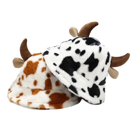 Cow Print Bucket Hat with Cute Horn for Women Winter Fluffy Plush Fisherman Cap Warm Outdoor Horn Puff Print Hats
