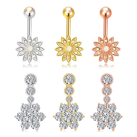 316L Surgical Steel Belly Button Ring Sunflower Peacock Tail Design CZ Inlaid Hypoallergenic Navel Piercing Jewelry for Women