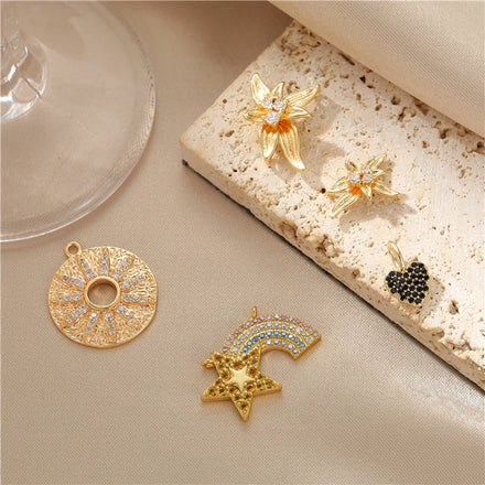 Wholesale 14K Gold Plated Diy Jewelry Making Accessories Zircon Rainbow Heart Flower Shaped Pendants Necklace Bracelet Charms
