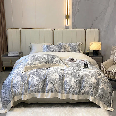 Customized Grey Digital Printing Pillow Cover Satin Lyocell Fiber Summer Comforter Cover 4 Piece Home Textile Bedding Set