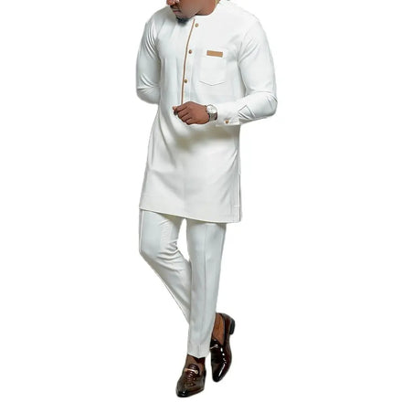 M-4Xl New Set Man 2 Pieces Wedding Prom Dashiki Men Outfit Dashiki Printed Long Sleeve Shirt White Trouser Suits for Men Set 2