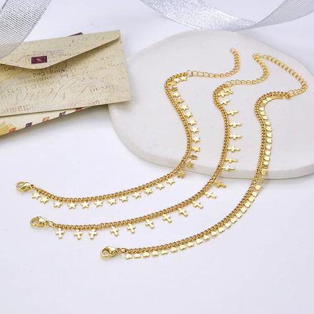 BM1114 Chic Dainty 18K Gold Plated Radiant Dangle Heart Star Cross Charms BraceletGold Chain Bracelet with Coins