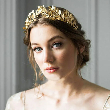 Greek Goddess Costume Accessories Golden Laurel Leaves Crown Upper Arm Coil Bracelet Hair Headpiece for Bridal Wedding