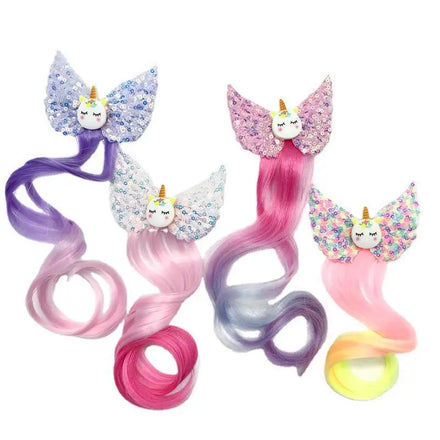 MIO Unicorn Wig Hair Clips Colorful Bow Shinning Hair Extension Cartoon Curly Fake Hairpins Hair Barrettes Accessories for Kids