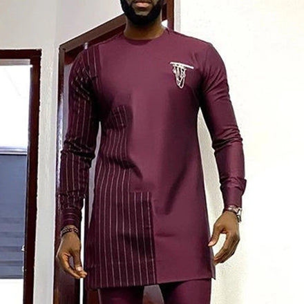 M-4XL Dashiki T-shirt + Pants Men's Summer and Autumn Round Neck Striped Print Long Sleeved African Ethnic Style Men's Suit