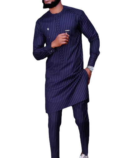 M-4xl Striped Print Long Sleeve Setting Ethnic Men's Suit Top Pants Set 2 Pieces Outfit Set Men Suit Dashiki Shirt Trouser