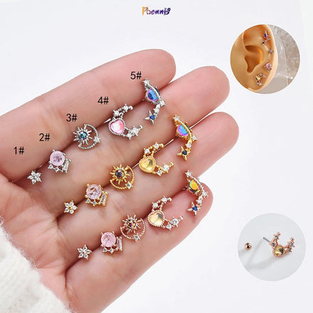 POENNIS Exquisite Vintage Hollow Moon Star Stud Earrings Stainless Steel Cubic Zircon Hypoallergenic Nickel-Free for Women