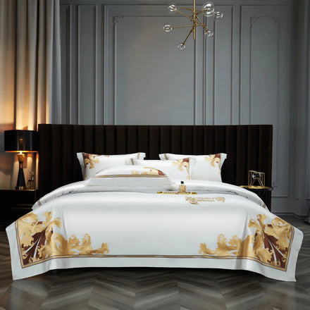 Wholesale Royal White Cozy 500TC Cotton Golden Embroidery Luxury European All-Season 4 Piece Bedding Sets