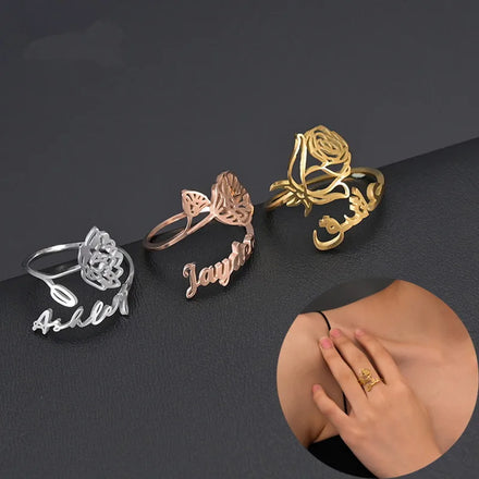 Personalized Stainless Steel Ring December Flower DIY Adjustable Ring Lady's Birthday Party Gift Ring for Women