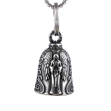 Vintage Motorcycle Angels Bell Keychain Guardian Riding Biker Metal Bells Key Chains Necklace Luck on the Road Bicycle Bells