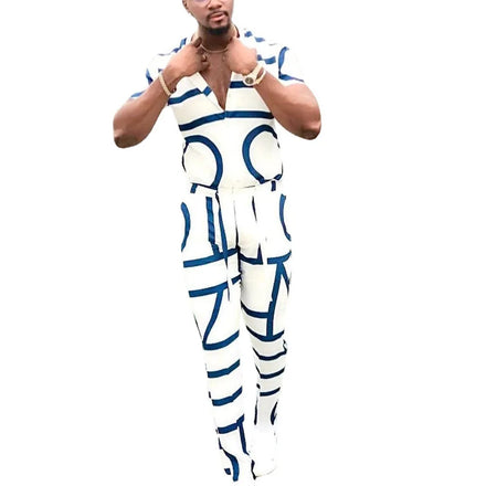 Summer Men's Casual Two-piece Sets Short Sleeve Tops and Long Pants Suits Spring Fashion Pattern Print Outfit Men Tracksuit