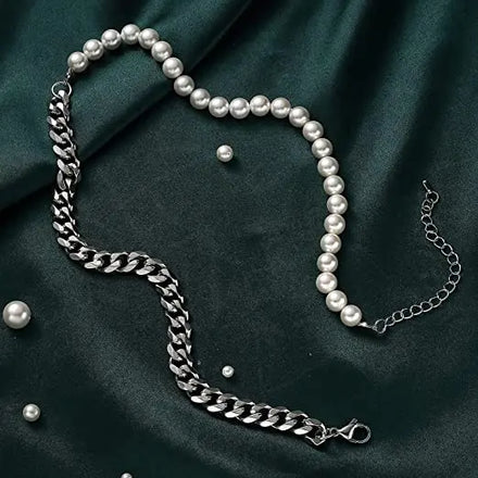 18k Gold Freshwater Pearl Chain Half Cuban Necklace Choker Custom Cuban Link Pearl Handmade Unisex Mens Jewelry Vintage Necklace
