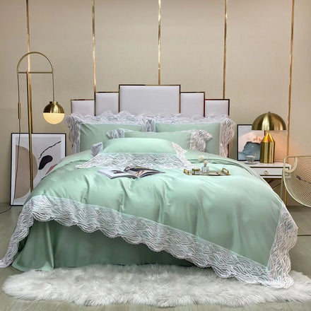 ODM/OEM Wholesale Green king Size Luxury White Lace Duvet Quilt Cover 100% Cotton Bedroom Comforter Bedding Set