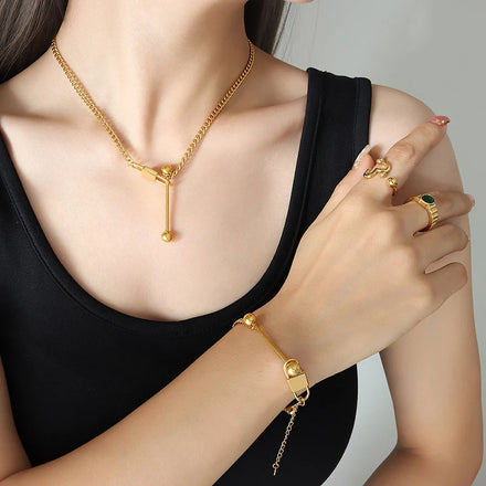 Innovative Design Women's Stainless Steel 18K Gold Plated Bracelet Necklace Set Engagement Wedding Party Fashion Jewelry Gift
