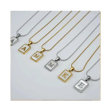 18K Gold Plated Stainless Steel Snake Bone Link Chain Necklaces Natural Shell Square Shape Initial Letter Pendant Necklace